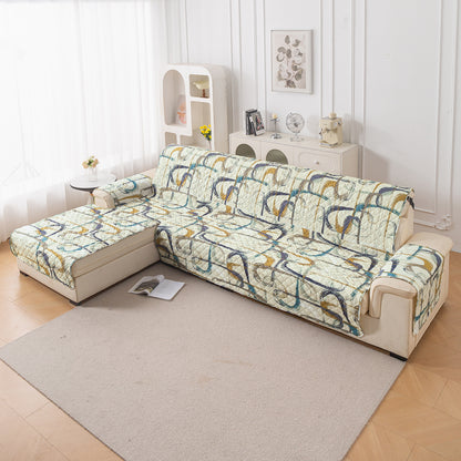 Elira Series Quilted One-Piece L Shape Sofa Cover Mat with Left and Right Chaise, Parchement Beige Abstract Art