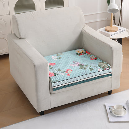 LiefNest Printed Holland Velvet Sofa Mat with Foam Filling - Fresh Floral Pastel Blue for 1/2/3 Seater & Armrest