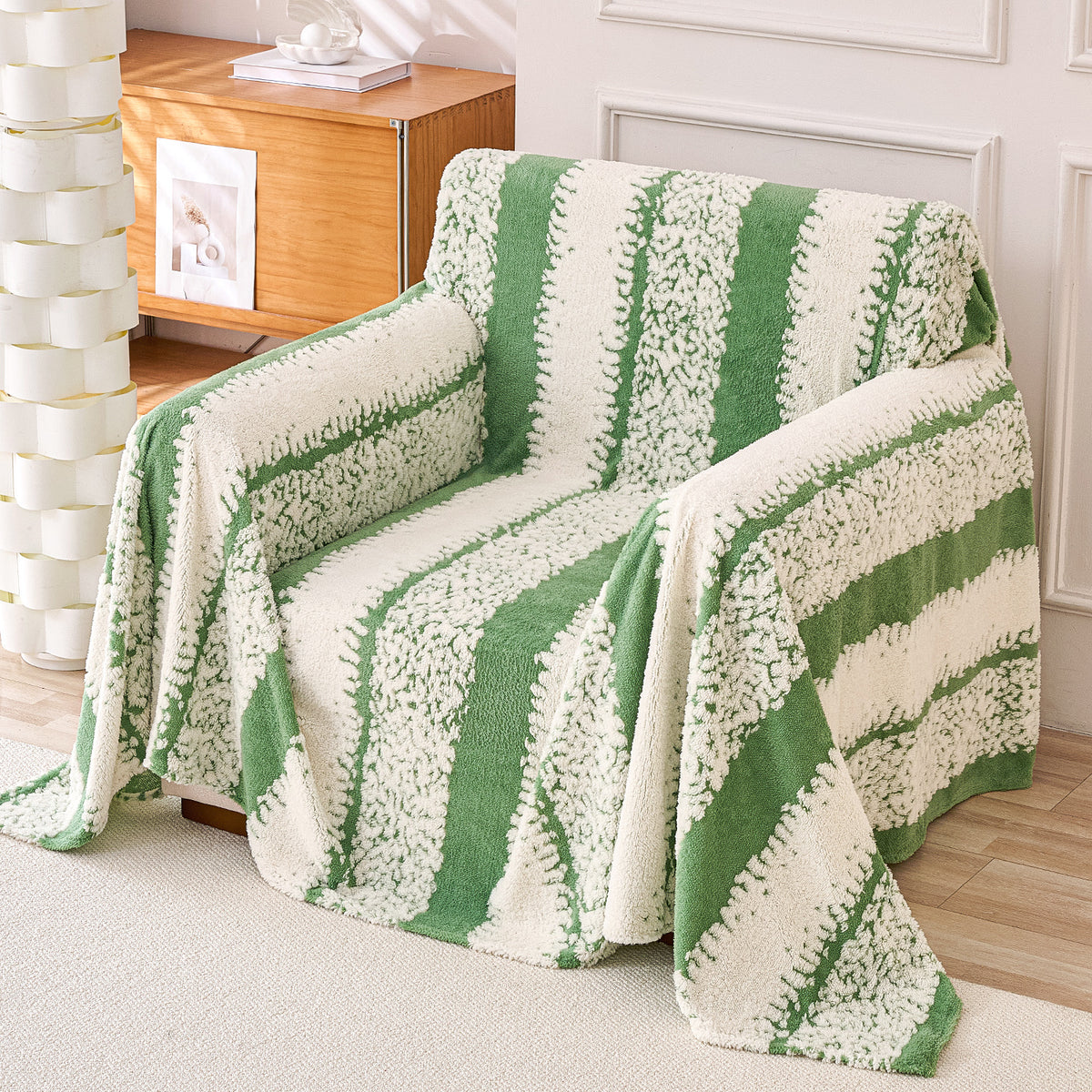 Buy Pistachio Green Colour Luxury Wavy Plush Sofa Throw – Single Seater Sofas | HOKIPO