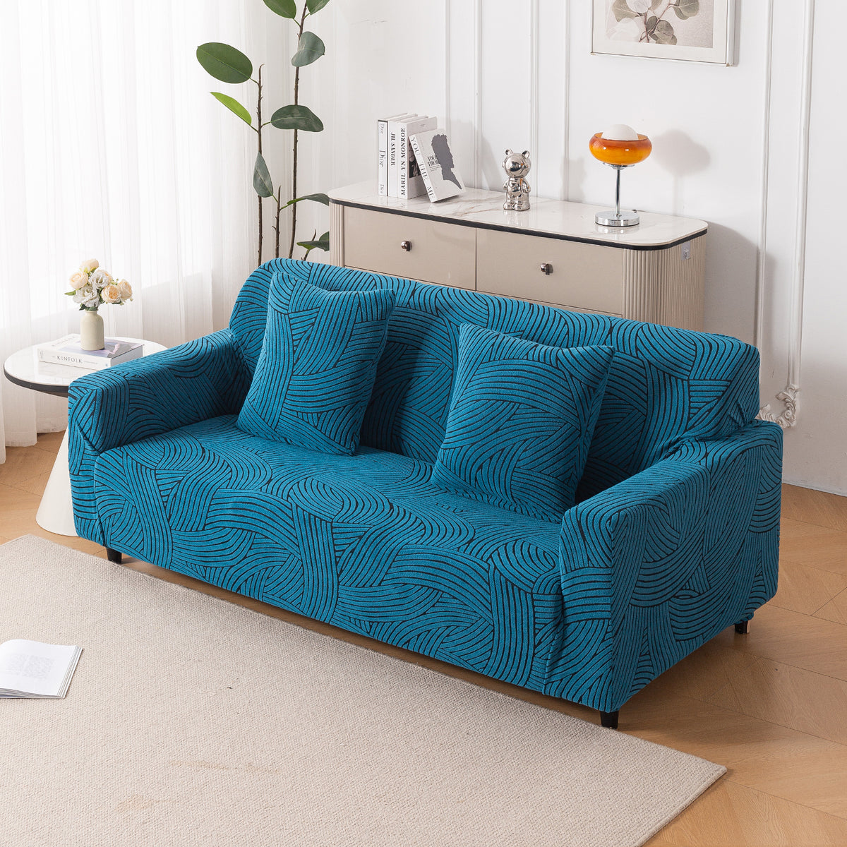 Buy rust brown colour waveline series jacquard elastic 3 seater sofa cover​s