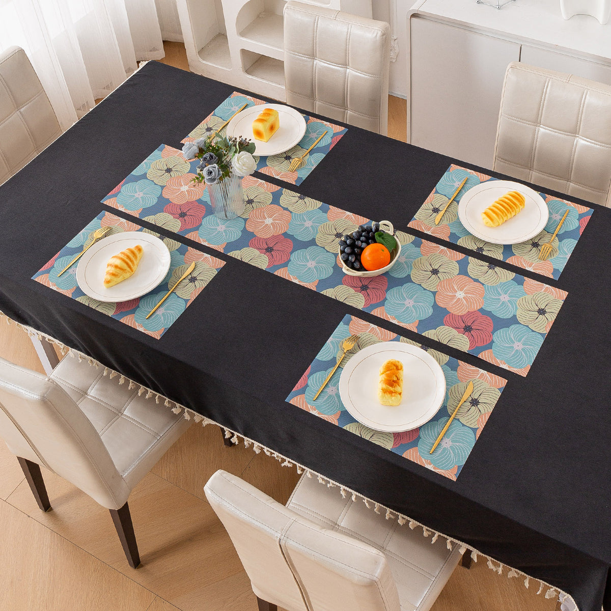 Color Splash PVC Mats for Dining Table, Floral Wheel - Teal Blue