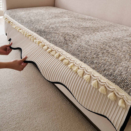 Thick Woven Weave Chenille Sofa Cover with Tassel|'Wavy Royale Series' Taupe Mist