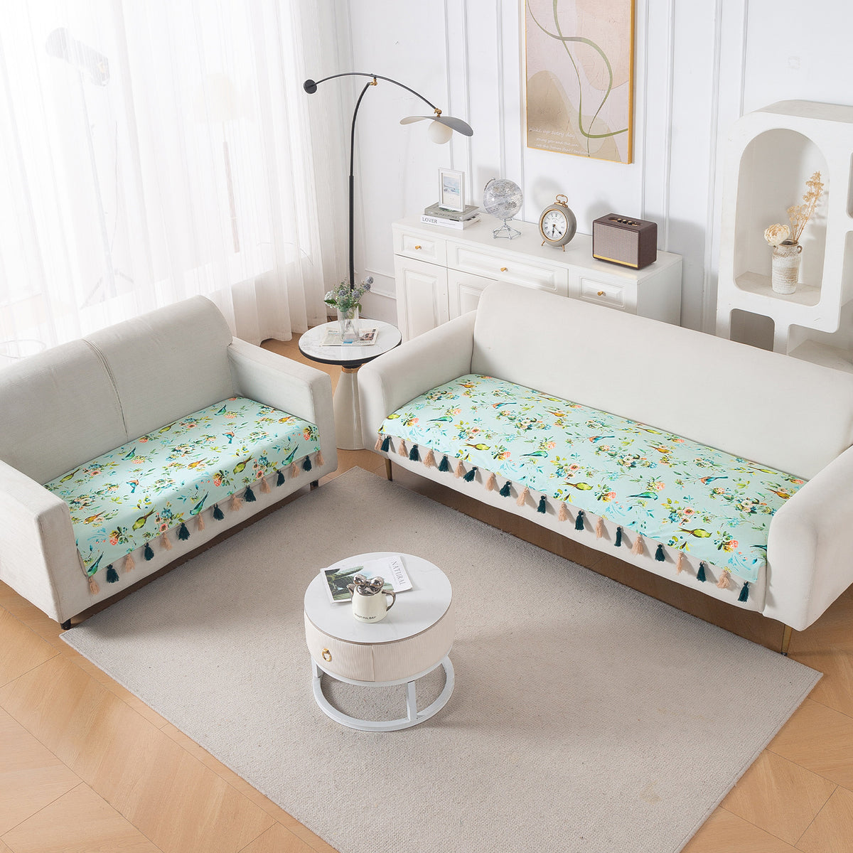 'Whispers of Nature' Series Holland Velvet Sofa Seat Mat with Tassel, Mint Birdsong Blossom