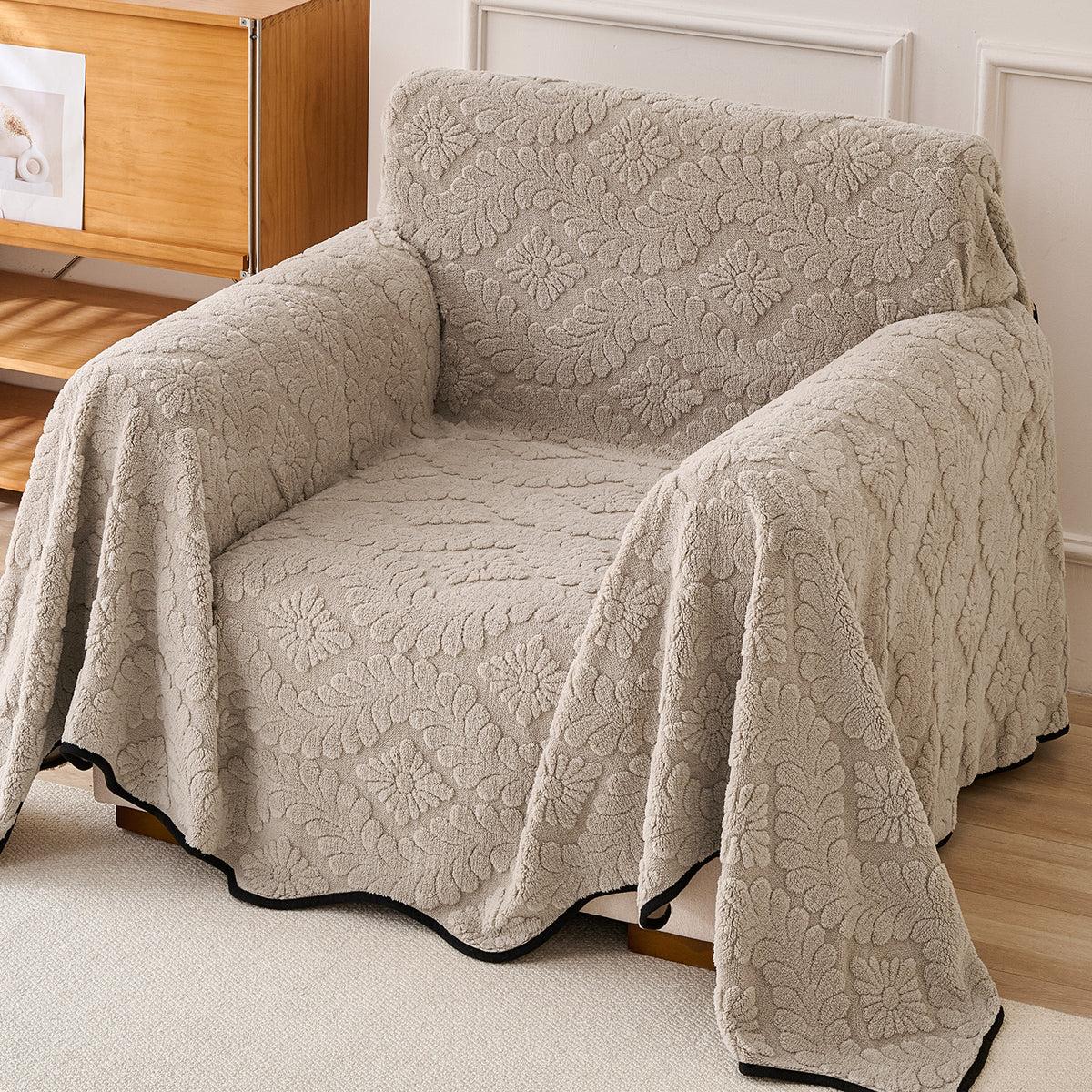 Buy Soft Brown Colour Wavy Petal Crest Series Plush Sofa Throw Cover | HOKIPO 