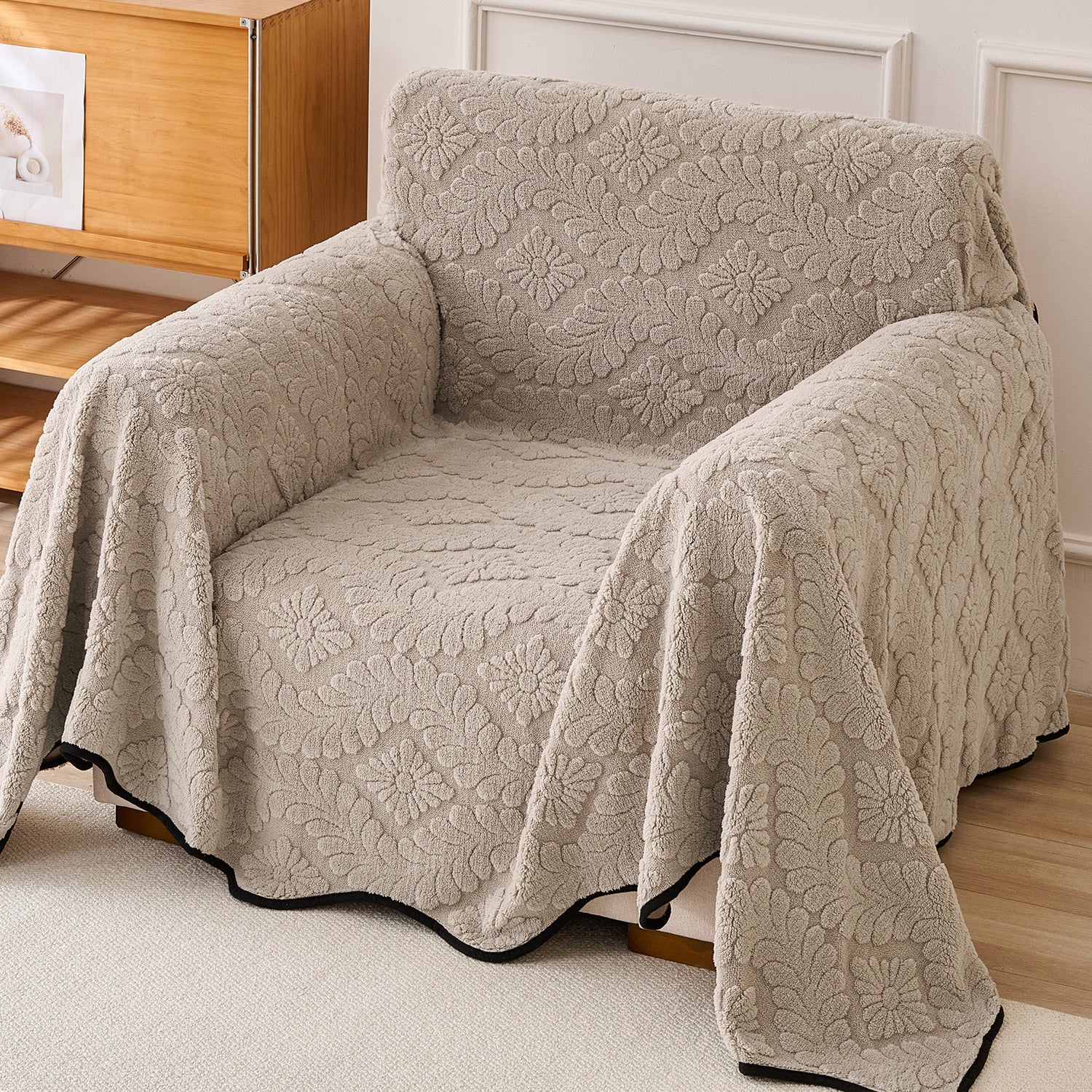 Buy Soft Brown Colour Wavy Petal Crest Series Plush Sofa Throw Cover | HOKIPO 