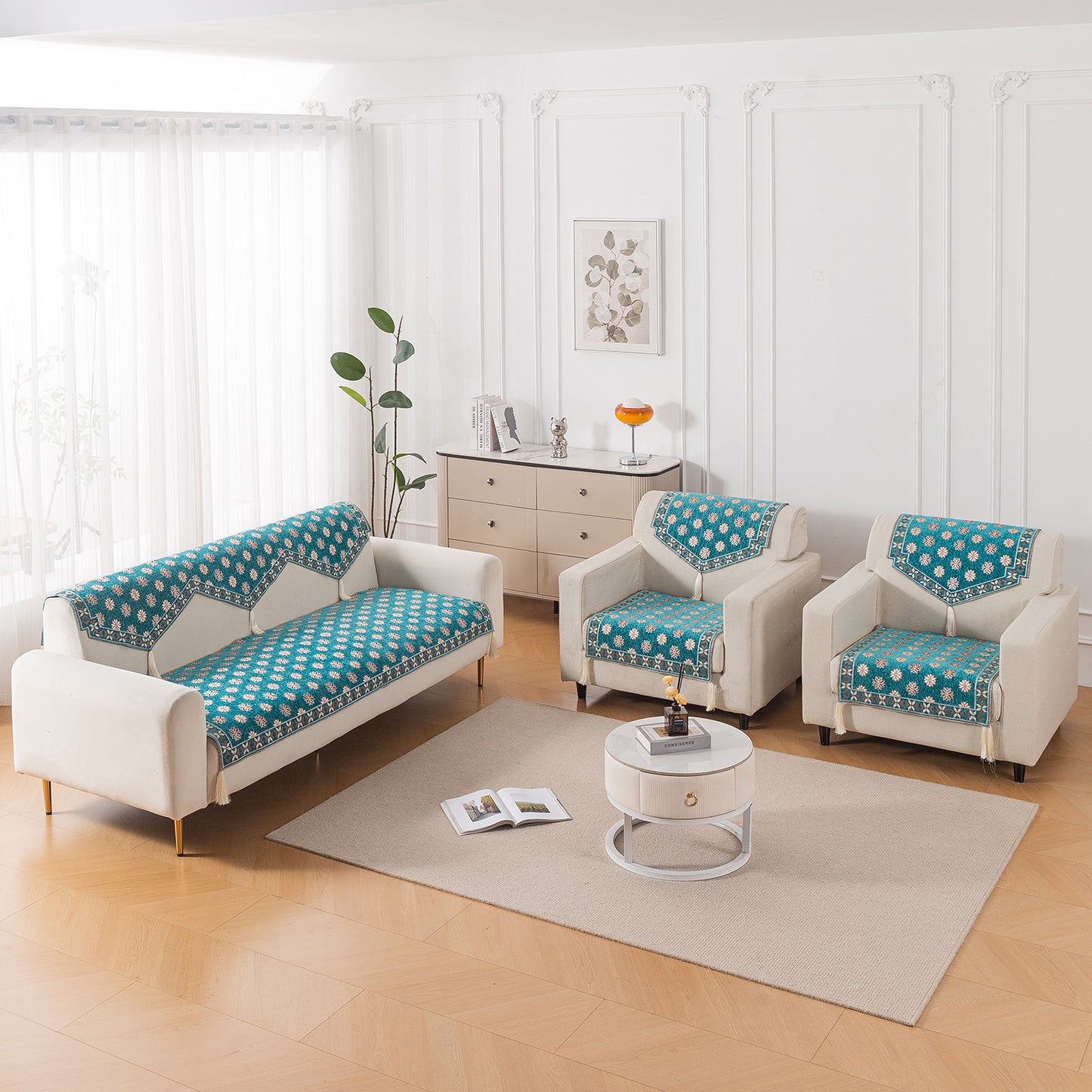 Heritage Weave Premium Jacquard Sofa Cover Set with Tassels - Emerald Teal