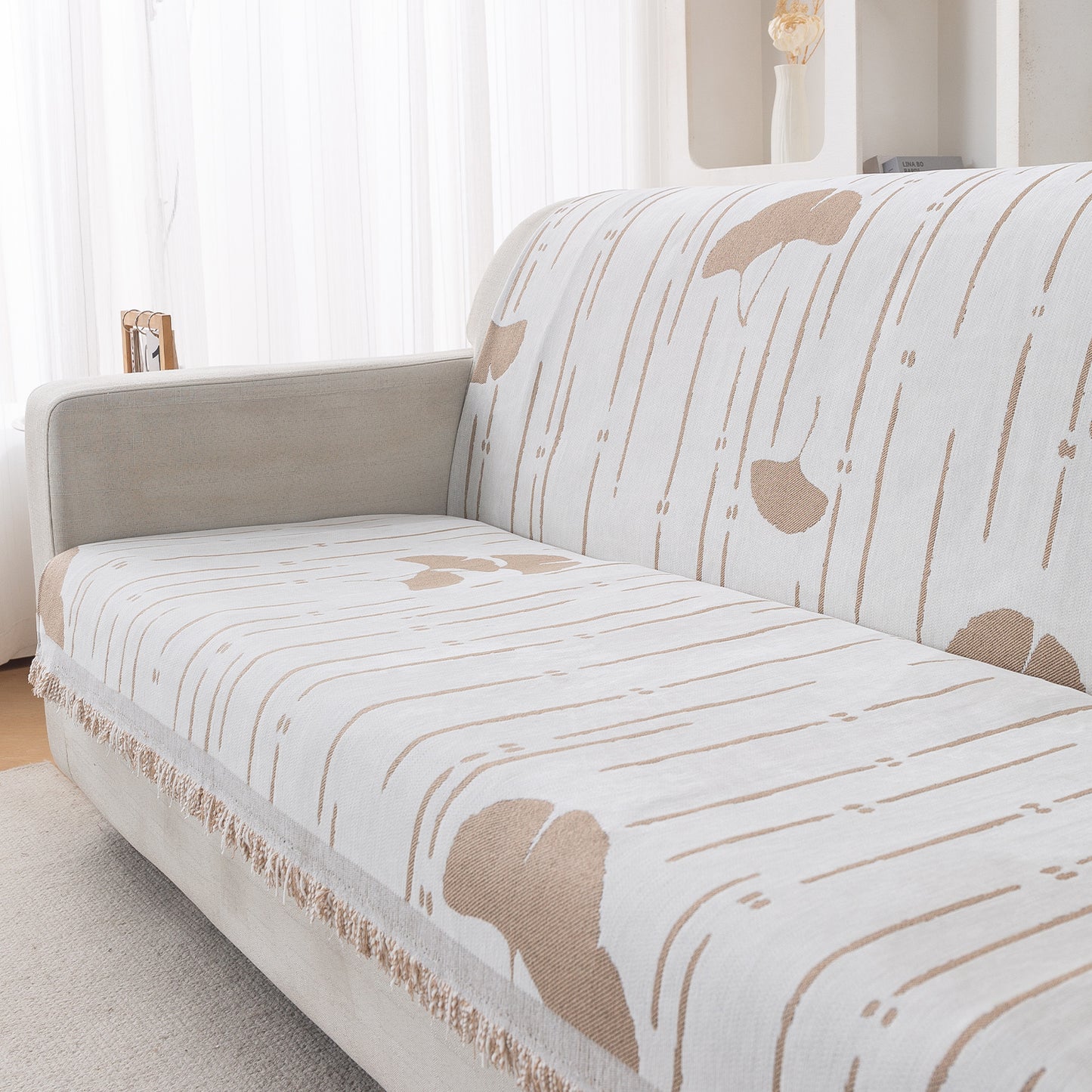 Premium 320 GSM Chenille Sofa Cover 'Serene Abode Series', Beige Ginkgo Lines
