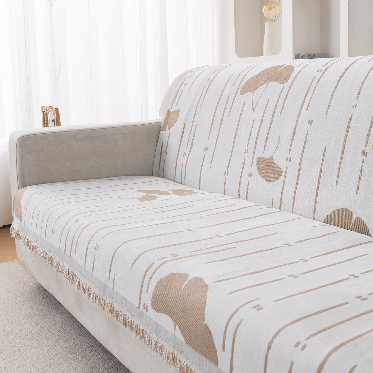 Premium 320 GSM Chenille Sofa Cover 'Serene Abode Series', Beige Ginkgo Lines