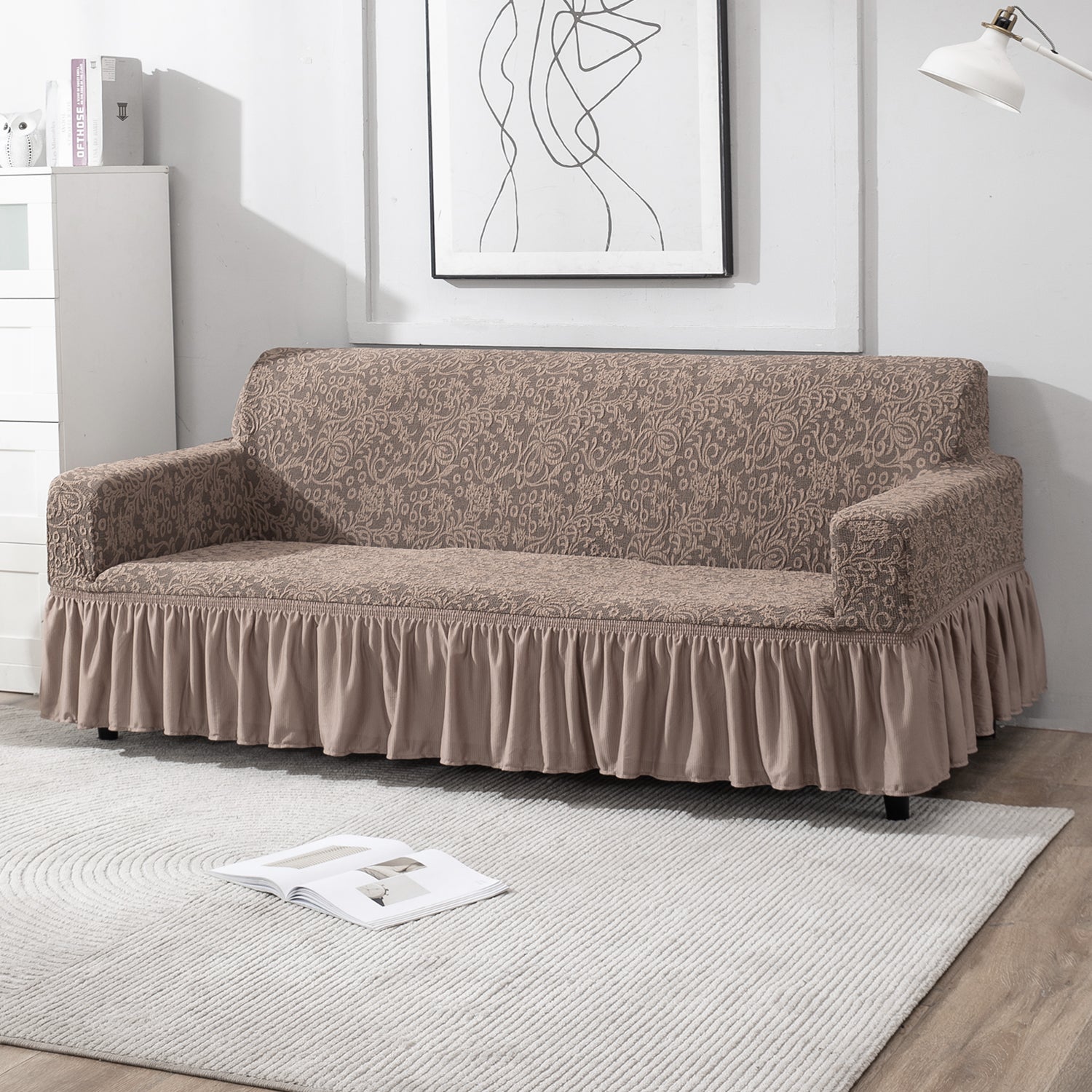 Elastic Stretchable Designer Woven Jacquard Sofa Cover with Frill, Light Taupe