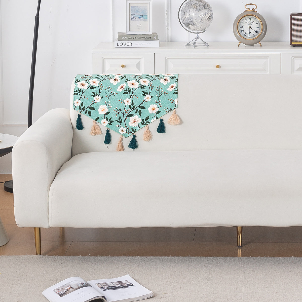 'Whispers of Nature' Series Holland Velvet Sofa Mat with Tassel, Sage Floral Vine