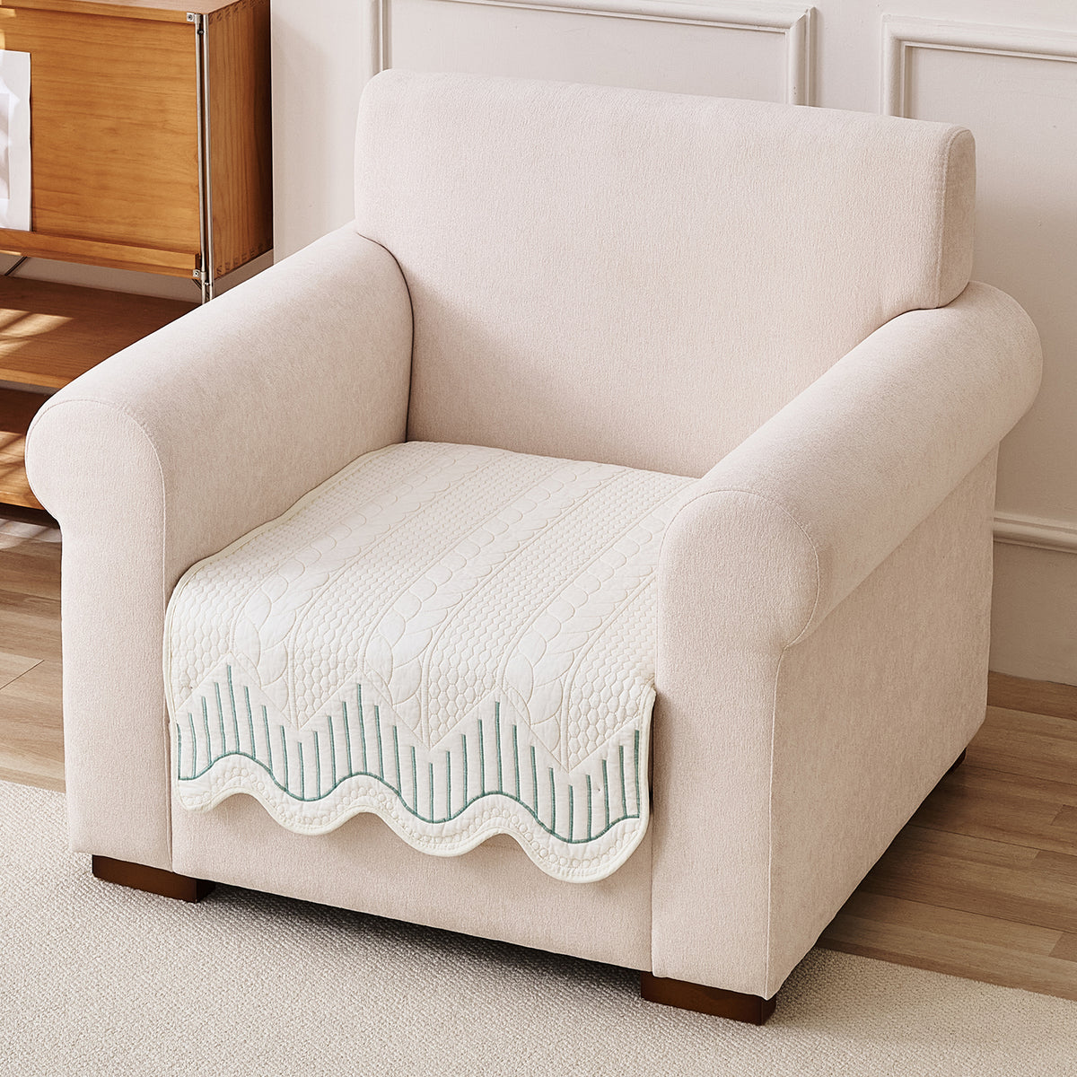 Cotton Reverie with a Curved Wavy Edge Sofa Mat, Greenish Cream