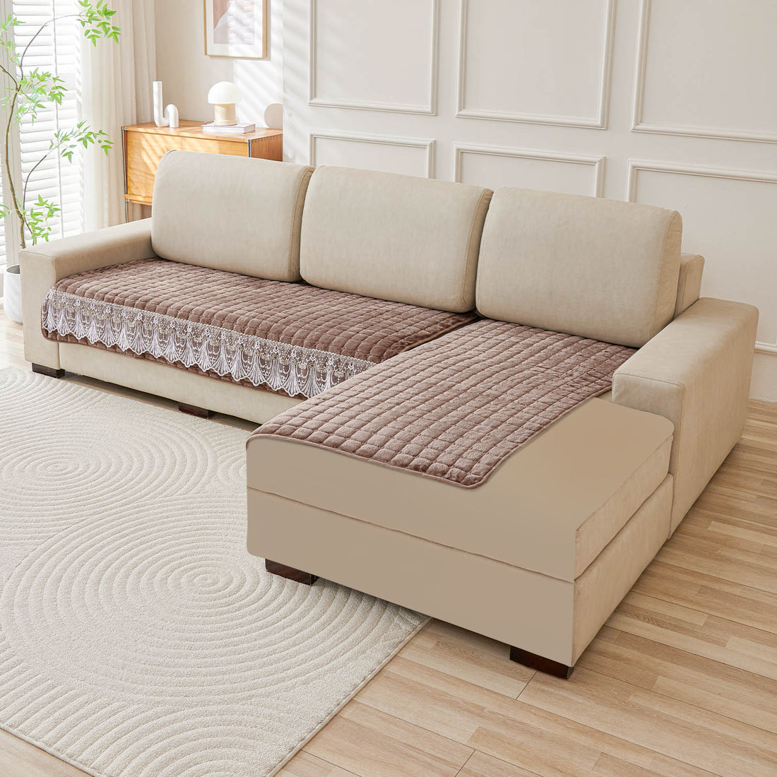 Buy Mocha Brown Colour BelleLace Imperial Milk Velvet L Shape Sofa Cover
