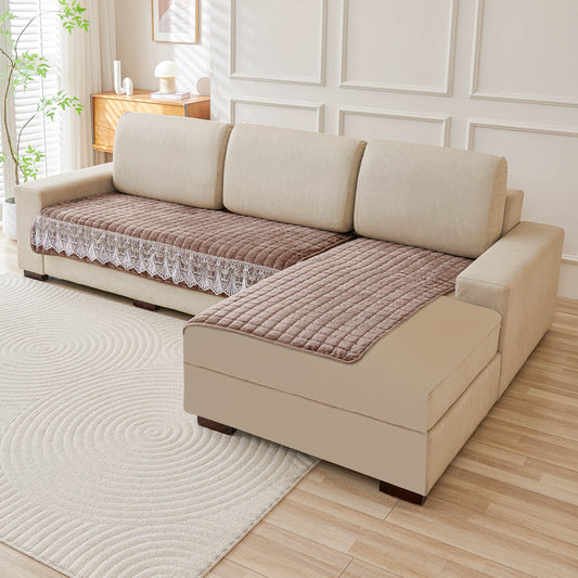BelleLace Series Imperial Milk Velvet L Shape Sofa Cover Mat with Lace Design - Mocha Brown
