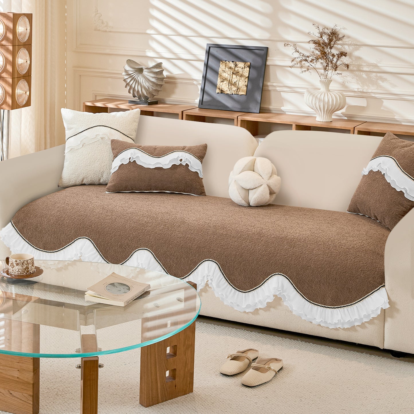 French Classic Frill Wavy Sofa Cover Mat, Mocha Luxe Brown