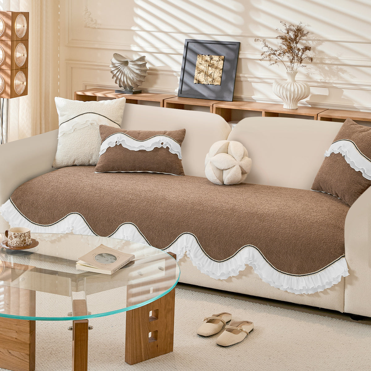 French Classic Frill Wavy Sofa Cover Mat, Mocha Luxe Brown