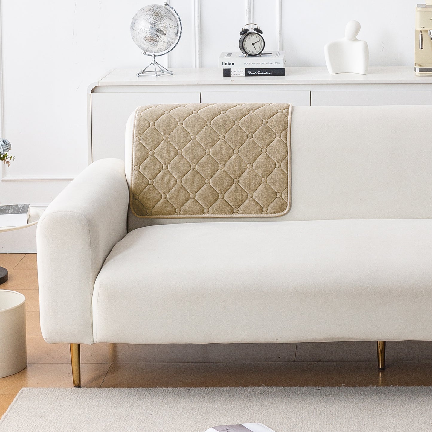 Diamond Tuft Plush Sofa Cover Mat, Sand Beige