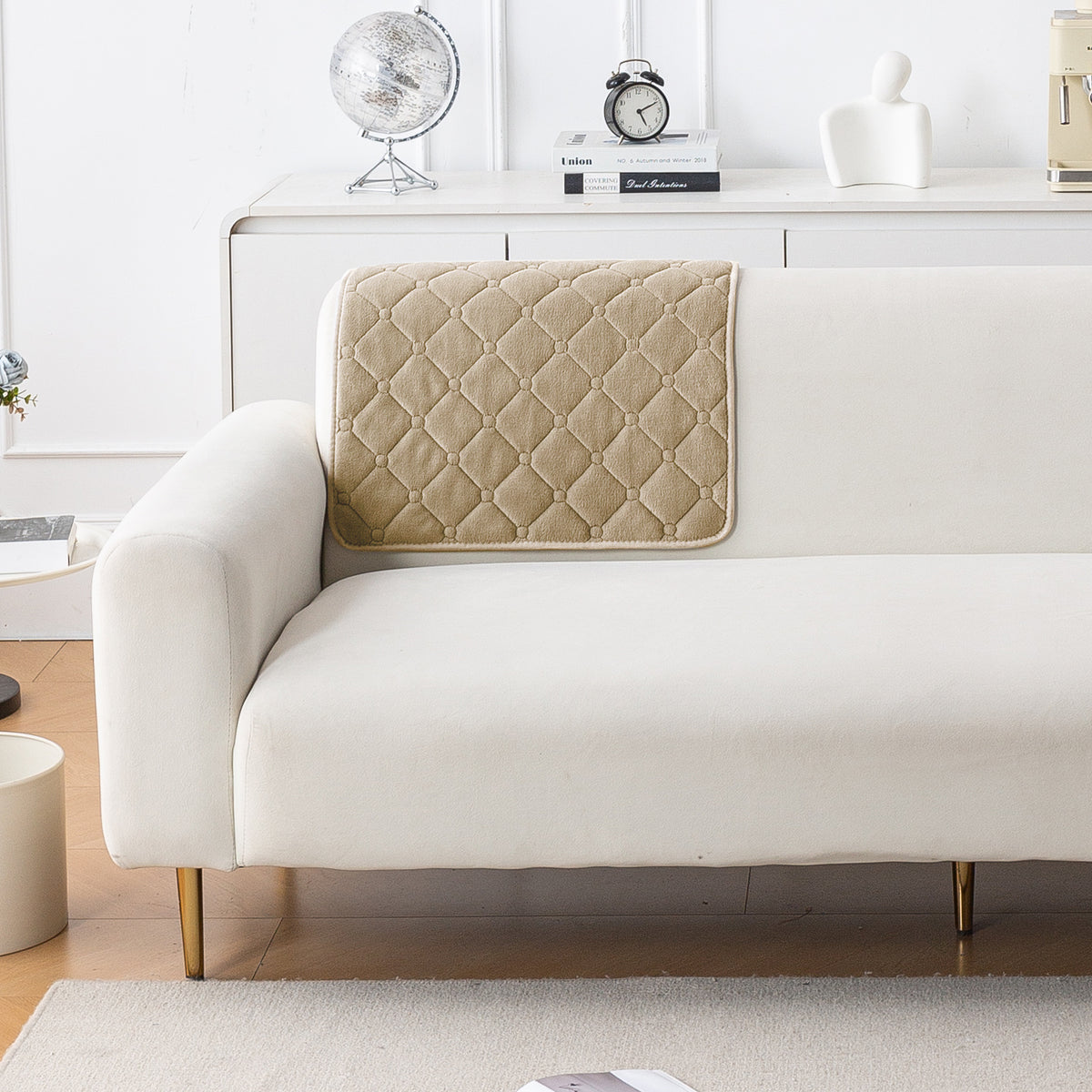 Diamond Tuft Plush Sofa Cover Mat, Sand Beige