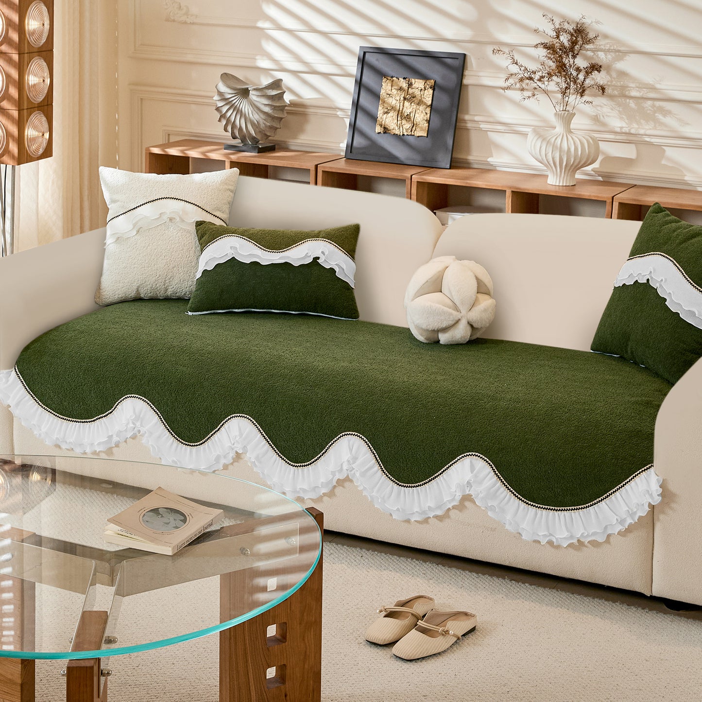 French Classic Frill Wavy Sofa Cover Mat, Dark Olive Green