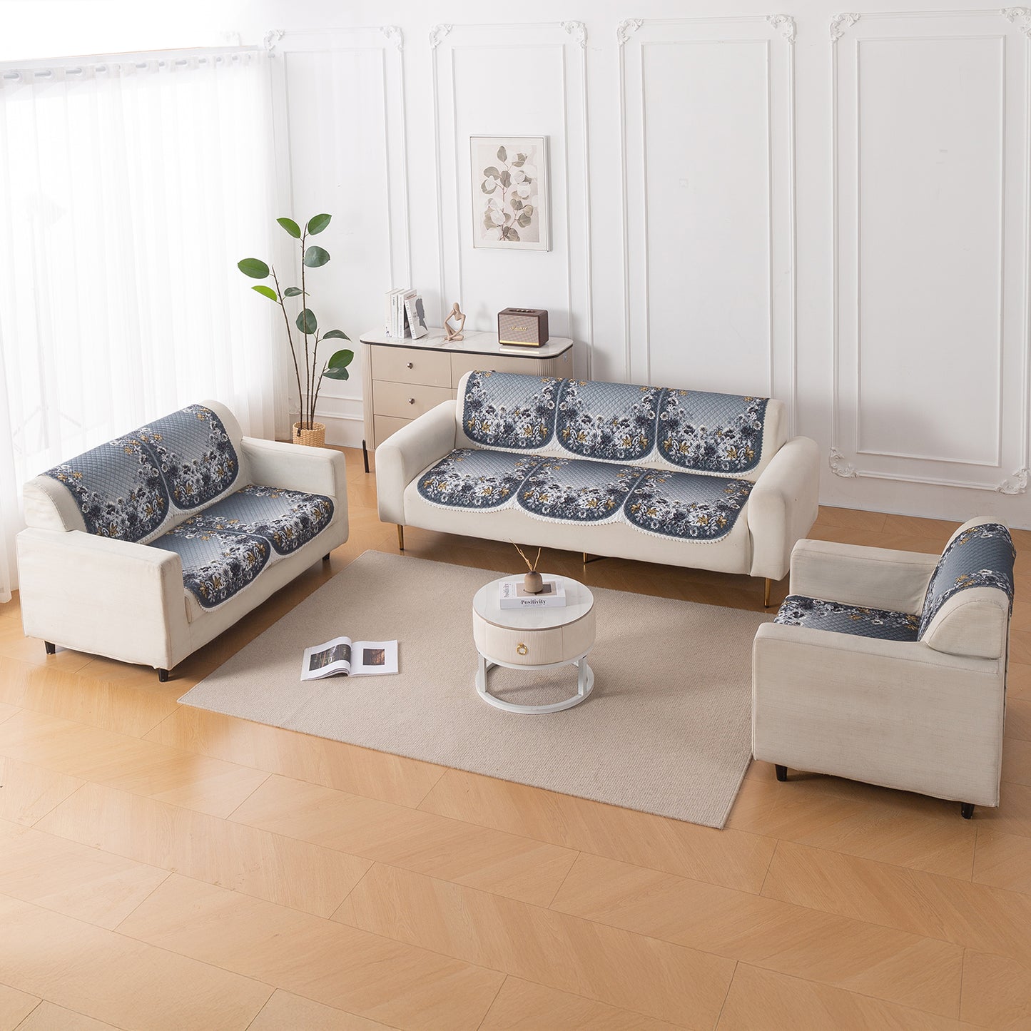 LoomVerse Quilted Sofa Cover Set Washable Sofa Panel for Seat & Back - Blue Belle