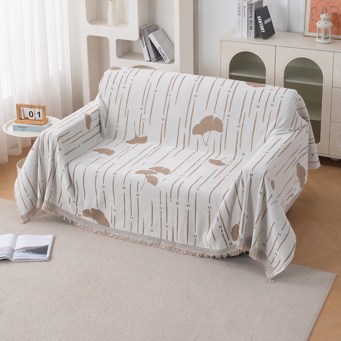 Premium 320 GSM Chenille Sofa Cover Throw All Season 'Serene Abode Series', Beige Ginkgo Lines
