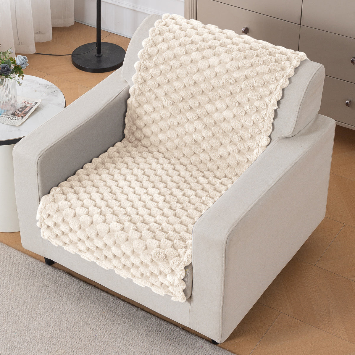 'BunnySoft Series' Plush Sofa Cover Throw for Sofa Seat & Back, Cream