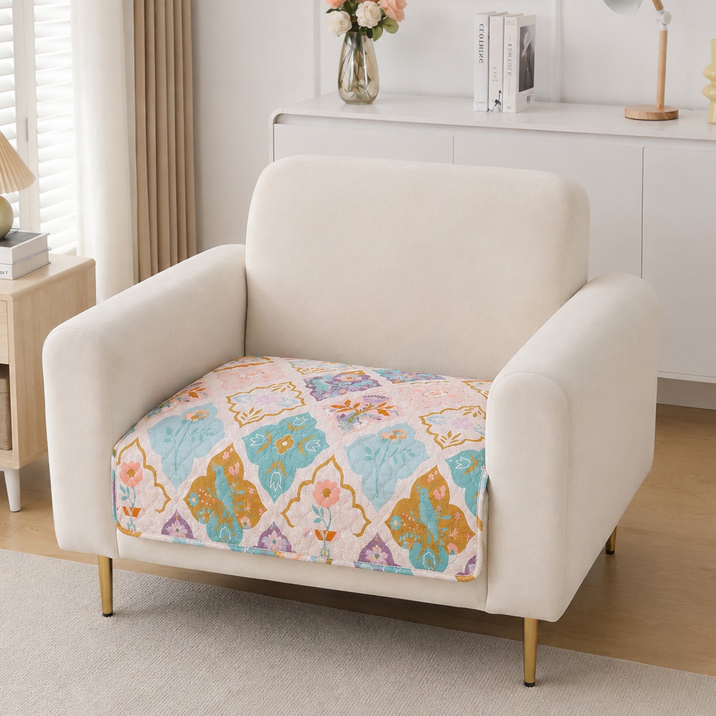 Polyester Printed Quilted Sofa Cover Mats, Quatrefoil Multicolor