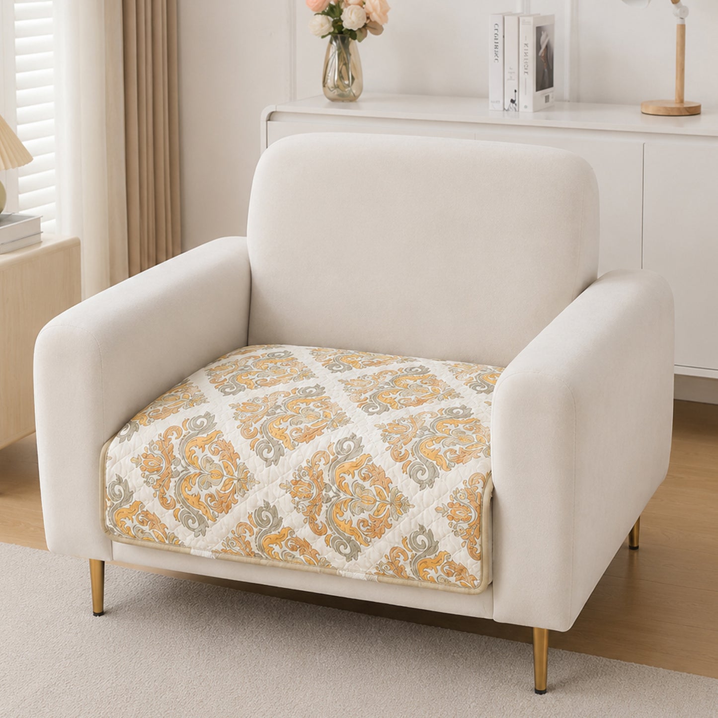 Polyester Printed Quilted Sofa Cover Mats, Damask Beige