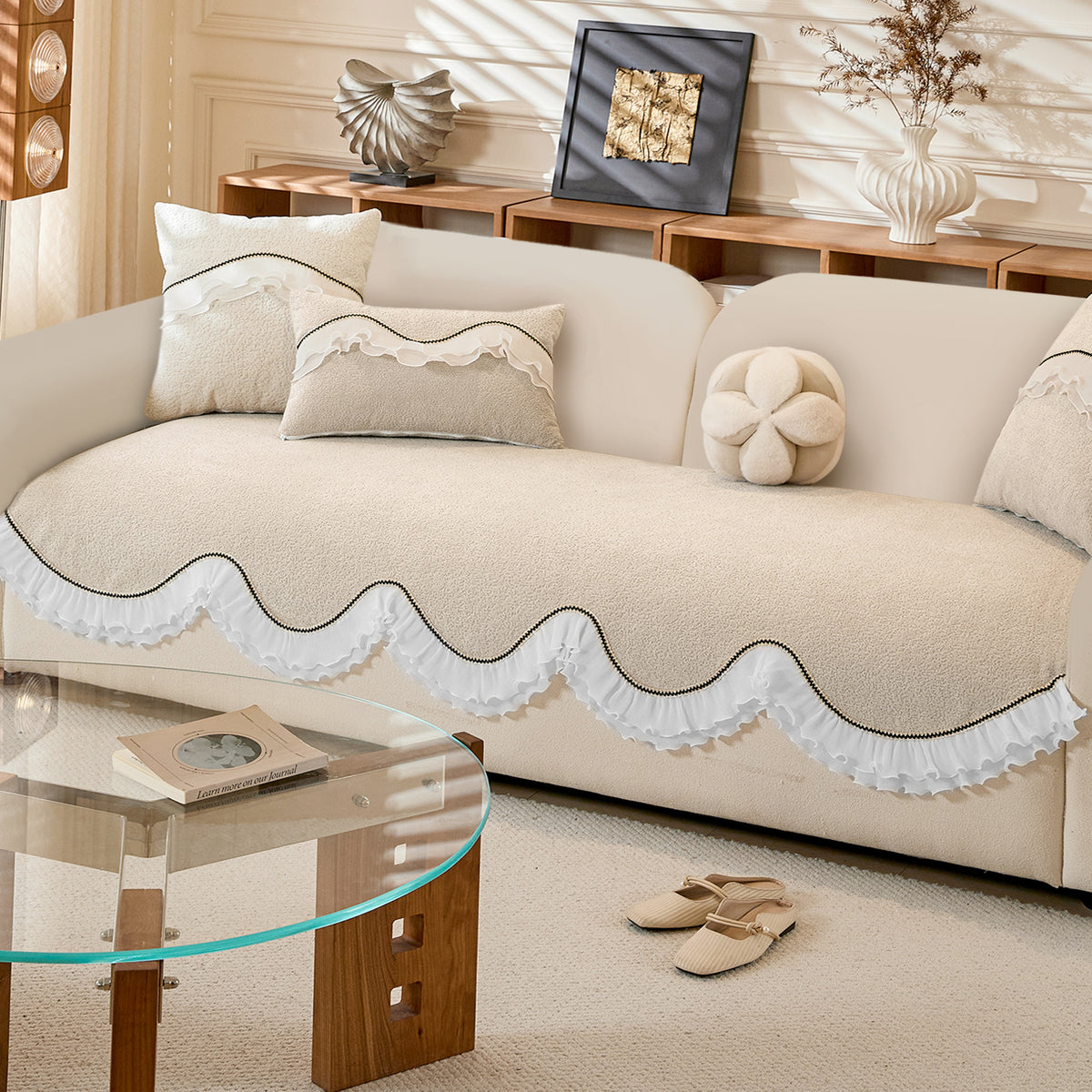French Classic Frill Wavy Sofa Cover Mat, Champagne Beige