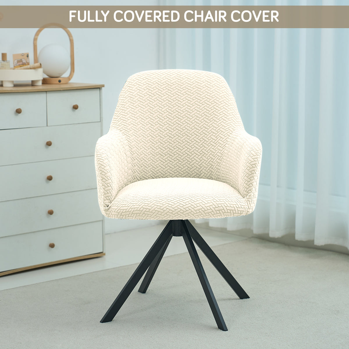 Premium Jacquard Fully Covered Cover for Swivel Dining Chair with Arms, Beige