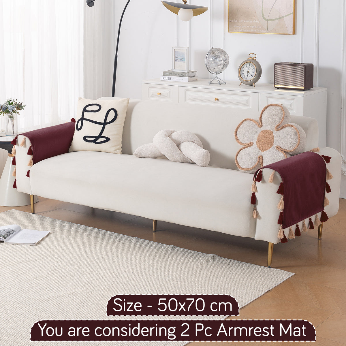 Tassel Tone Holland Velvet Sofa Cover Mat, Wine Red