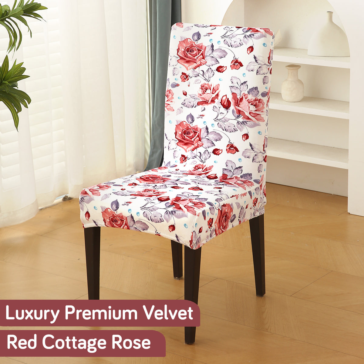 Premium Printed Velvet Dining Chair Cover Set, Red Cottage Rose