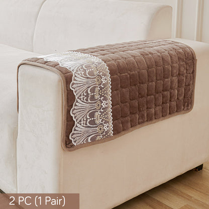 BelleLace Series Premium Imperial Milk Velvet Sofa Cover Mat with Lace Design -  Mocha Brown