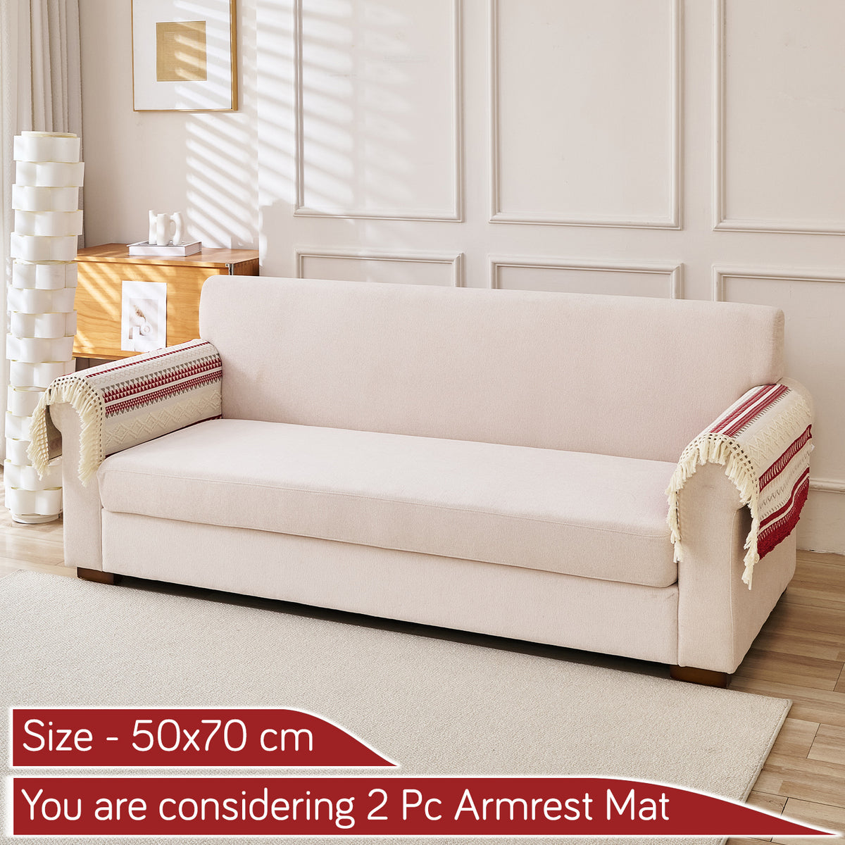 Nordic Boho Geometric Sofa Cover Mat with Tassel, 'Nordic Tassel Series'  Ruby Cream