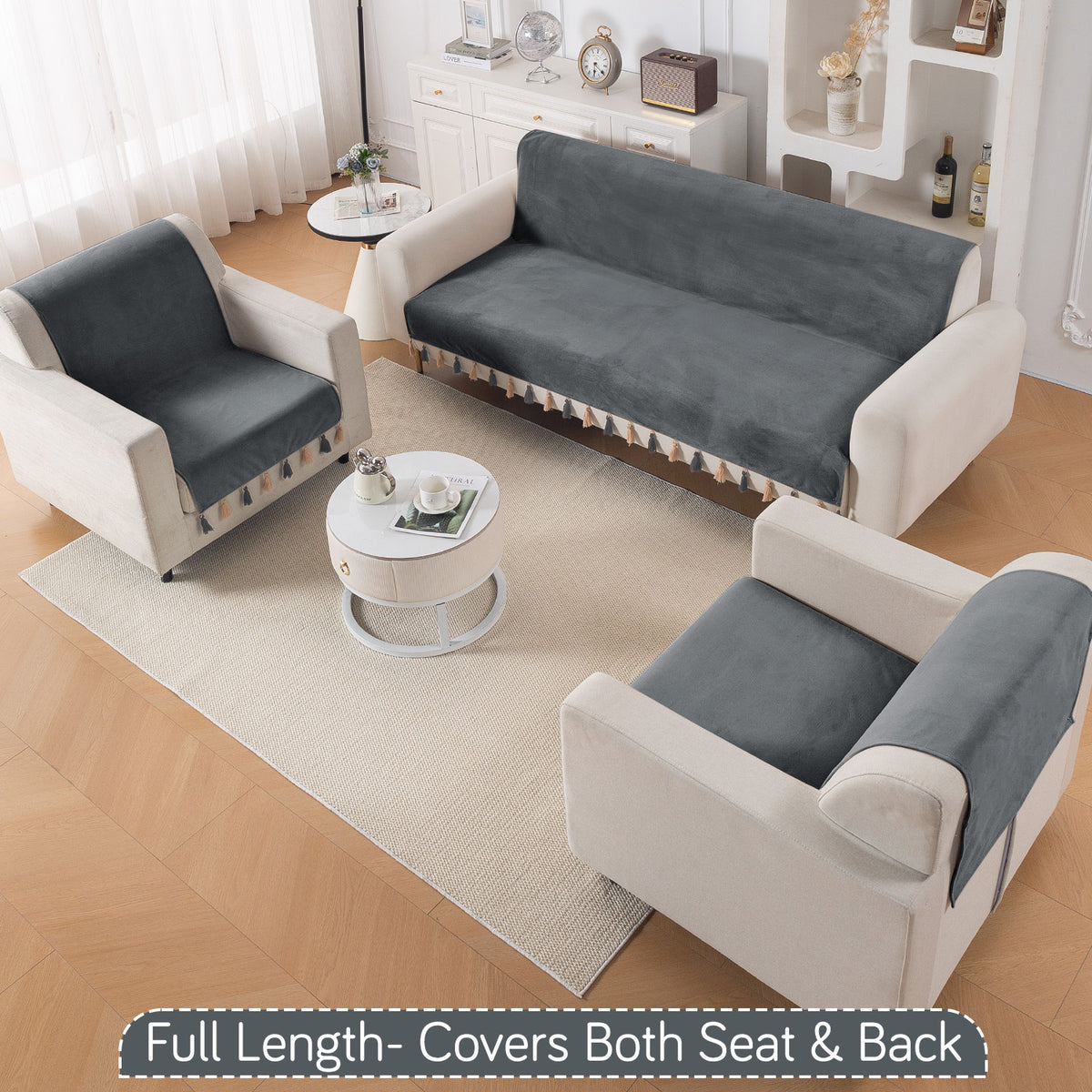 Holland Velvet 5-Seater Sofa Cover (3+1+1), TasselTone Series | Graphite Grey
