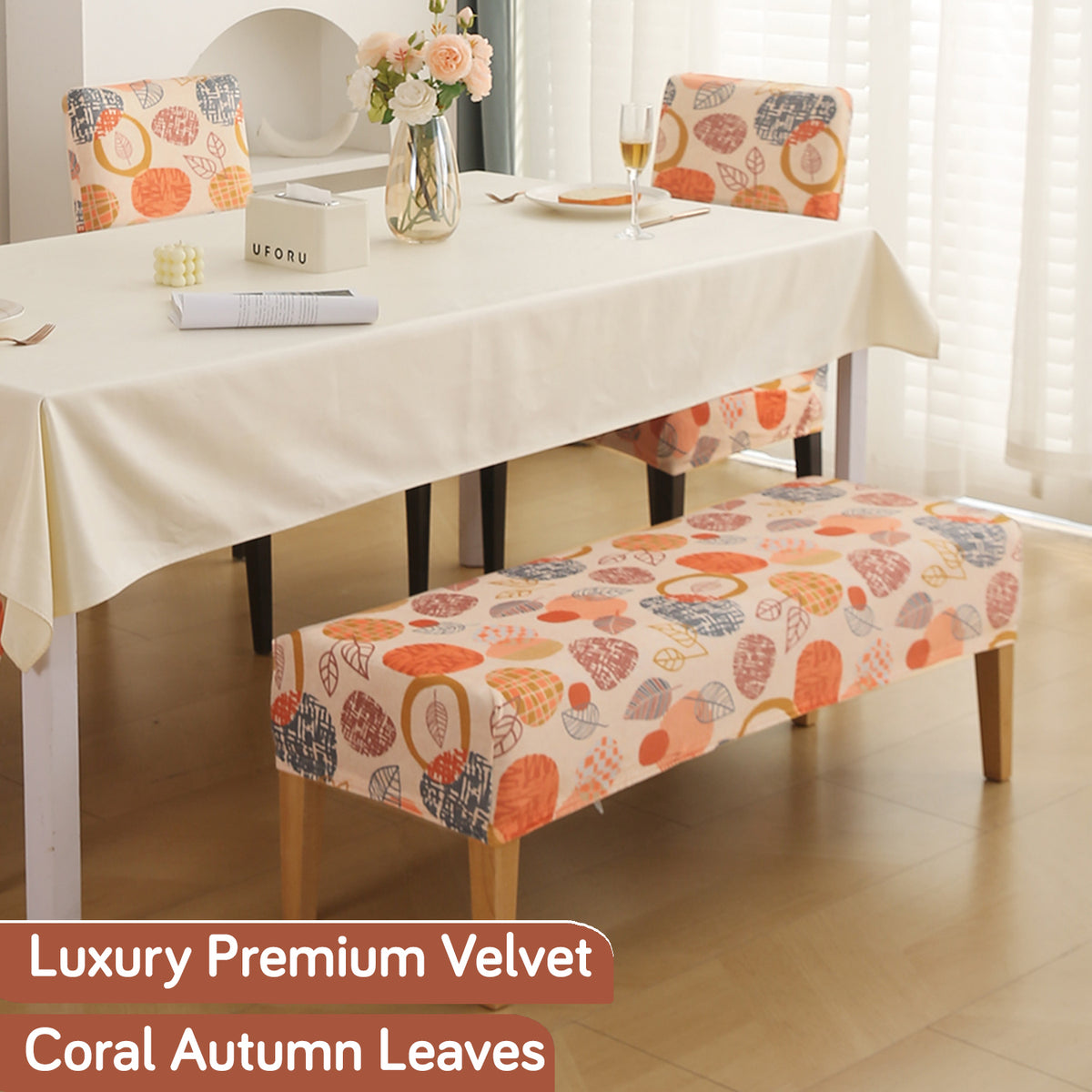 Premium Velvet Cover Set for 4 Dining Chairs + 1 Dining Bench, Coral Autumn Leaves