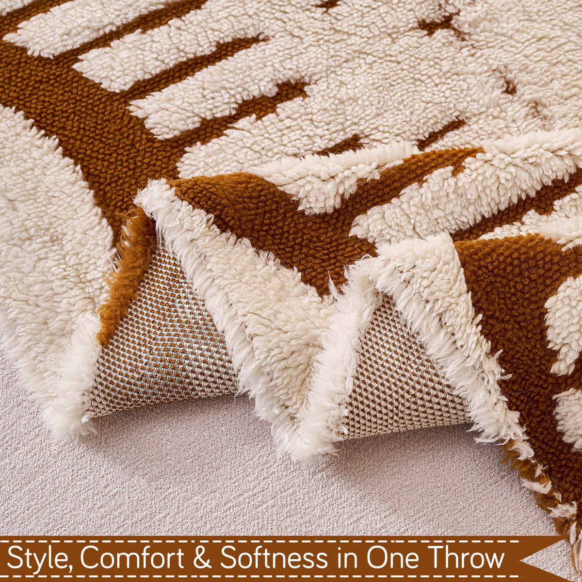 'Supple Soft Wavy' Plush Sofa Cover Throw for Complete Sofa, Cream Brown