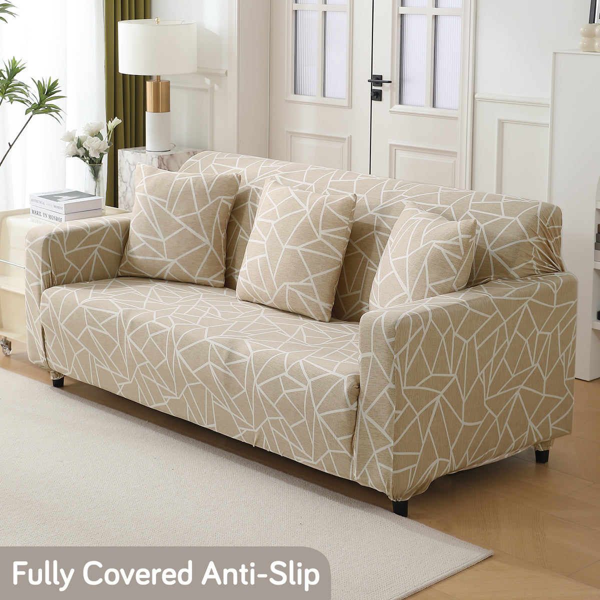buy Beige Abstract Geometry Print modern Elastic 3 seater sofa cover​s  
