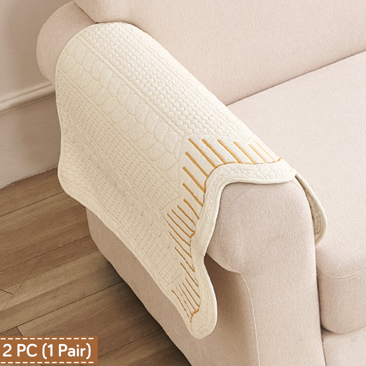 Cotton Reverie with a Curved Wavy Edge Sofa Mat, Golden Cream Bloom