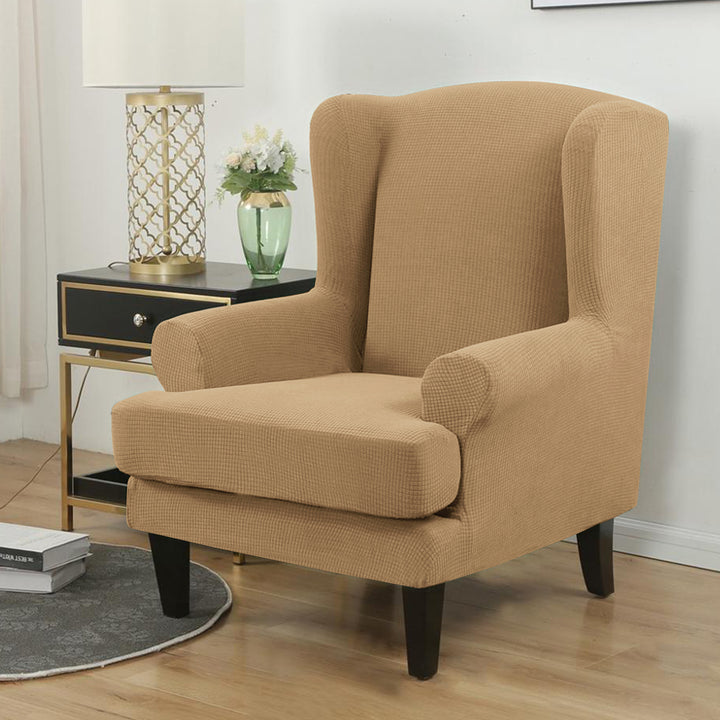 Fully Covered Stretchable Jacquard Wing Chair Cover, Cold Coffee Brown