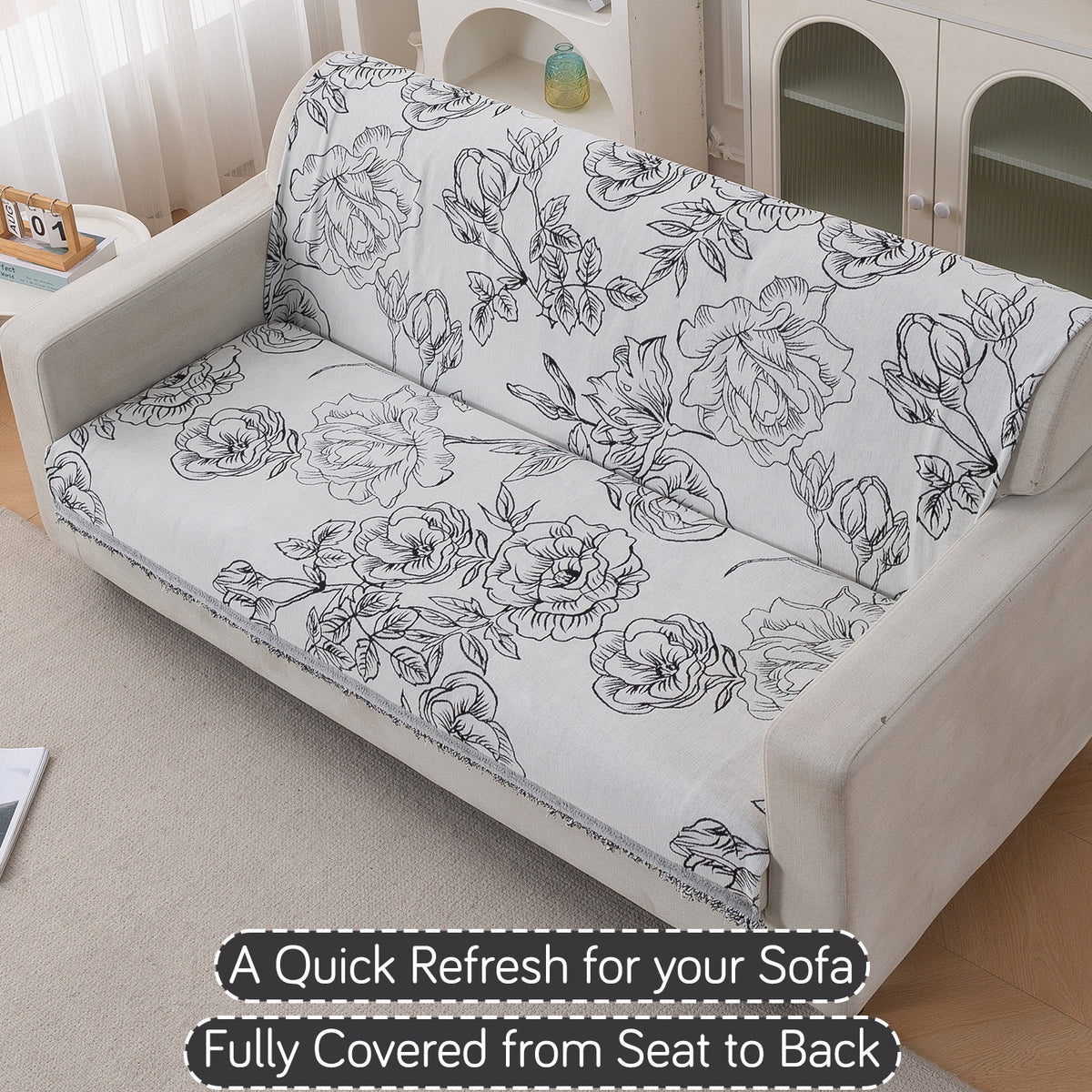 Premium 320 GSM Chenille Sofa Cover 'Serene Abode Series', White Rose Garden