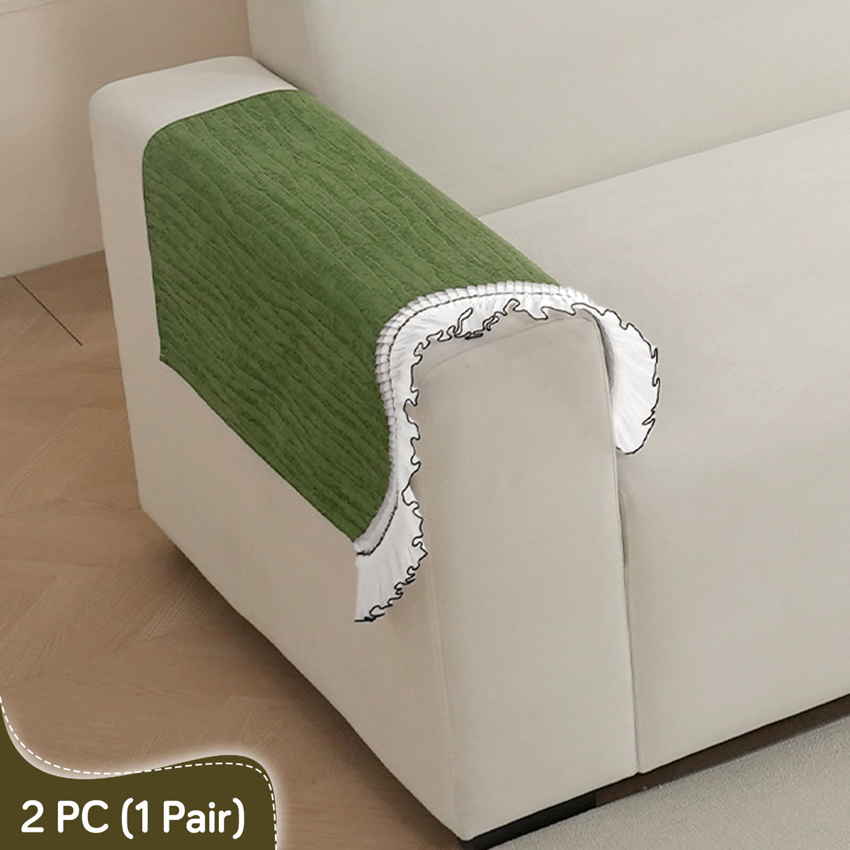 French Lace & Luxe with White Ruffle Edge Sofa Cover Mat, Willow Ash Green