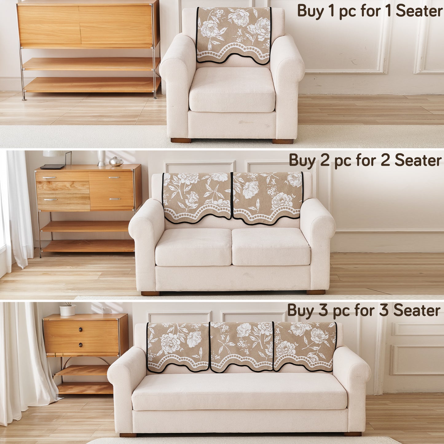 Chenille Sofa Cover Mat with Curvy Edges, 'Retro Curves Series' Sofa Mat, Sand Beige