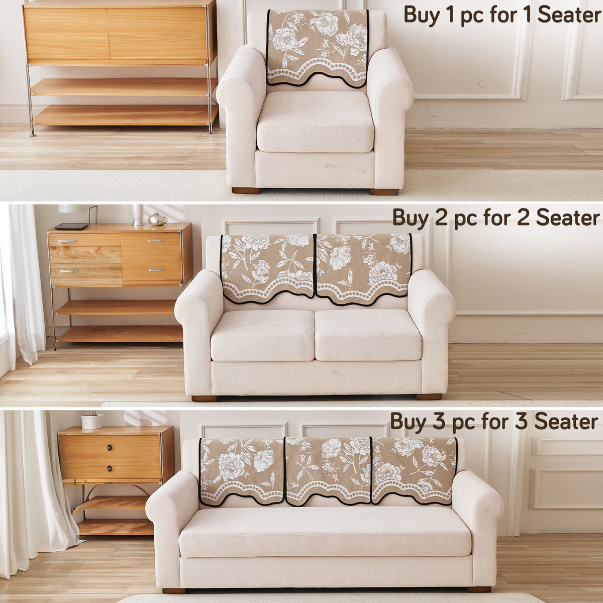 Chenille Sofa Cover Mat with Curvy Edges, 'Retro Curves Series' Sofa Mat, Sand Beige