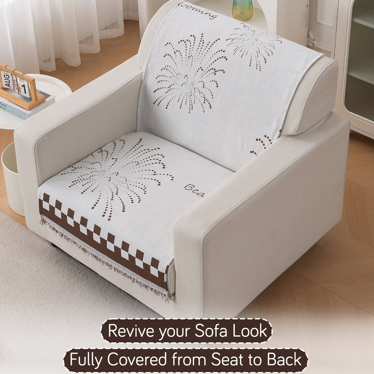 Premium 320 GSM Chenille Sofa Cover 'Serene Abode Series', Brown Dot Burst