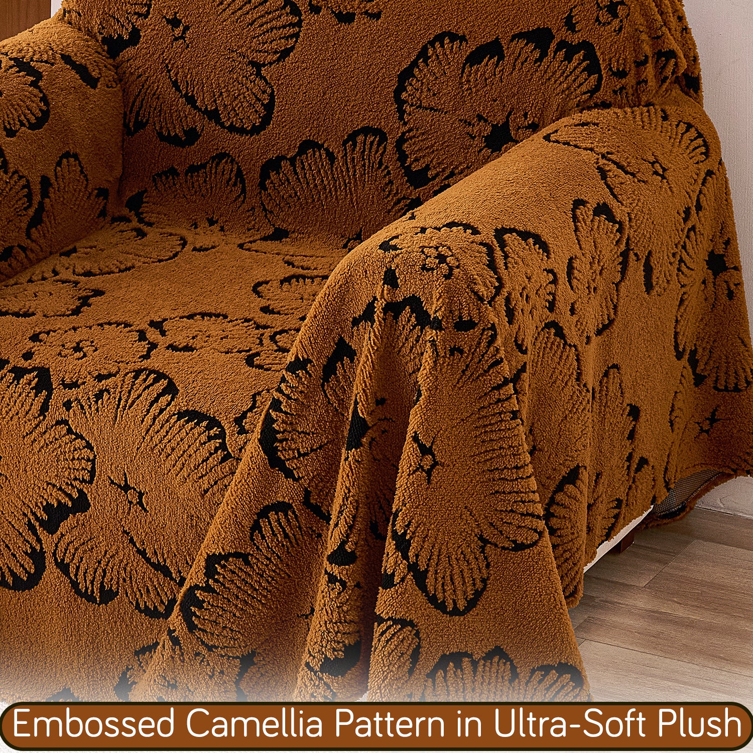 Buy Rustic Caramel Colour Camellia Blossom Luxury Plush Sofa Throw – Single Seater Sofa | HOKIPO