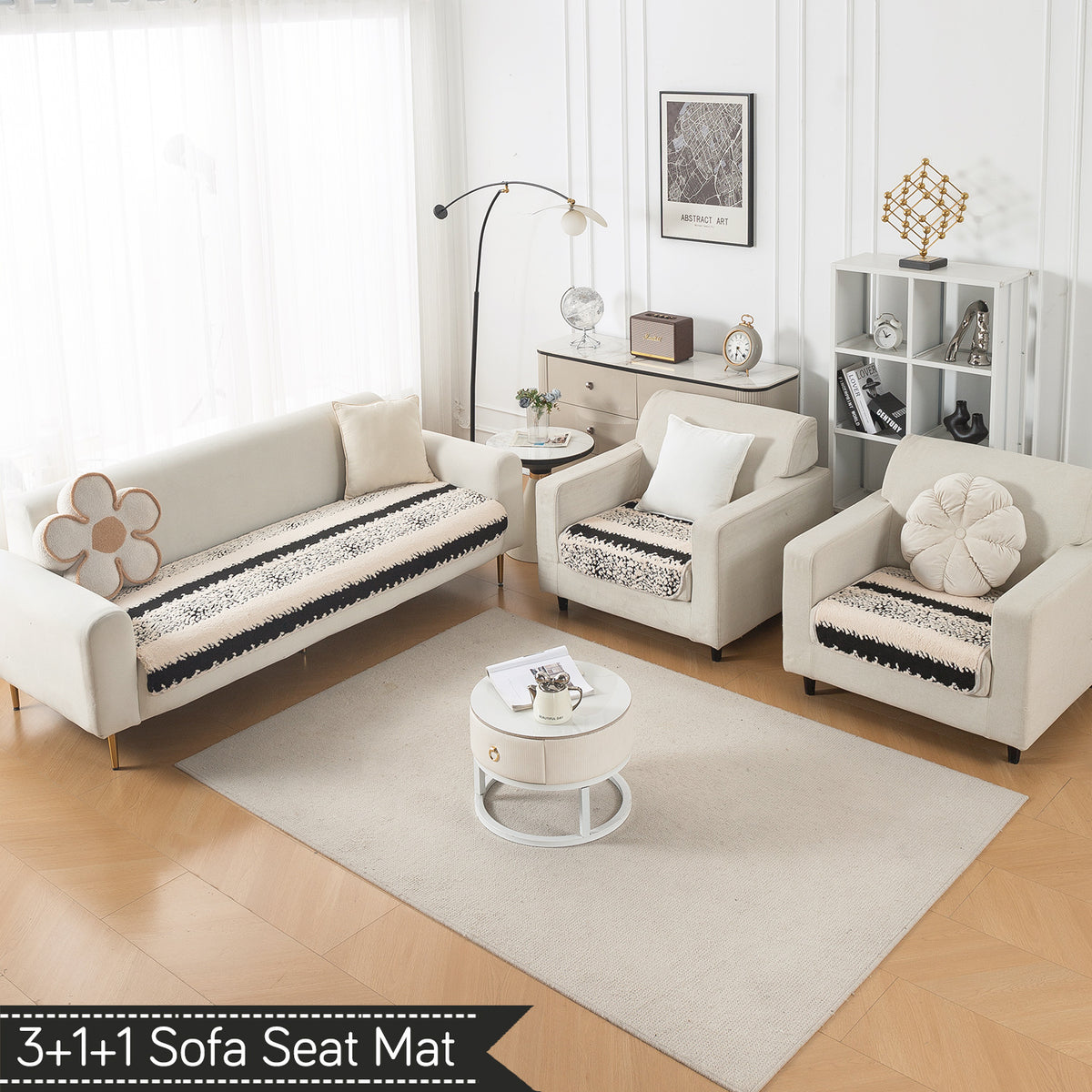 Luxury Plush Sherpa Anti Slip Combination Sofa Mat, 'Noirea Series'|Textured Stripe