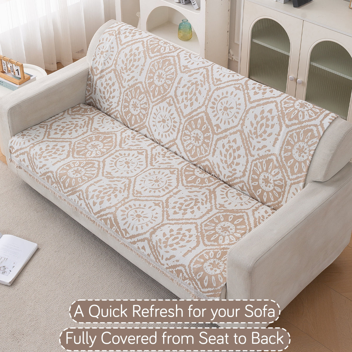 Premium 320 GSM Chenille Sofa Cover 'Serene Abode Series', Boho Floral Tile