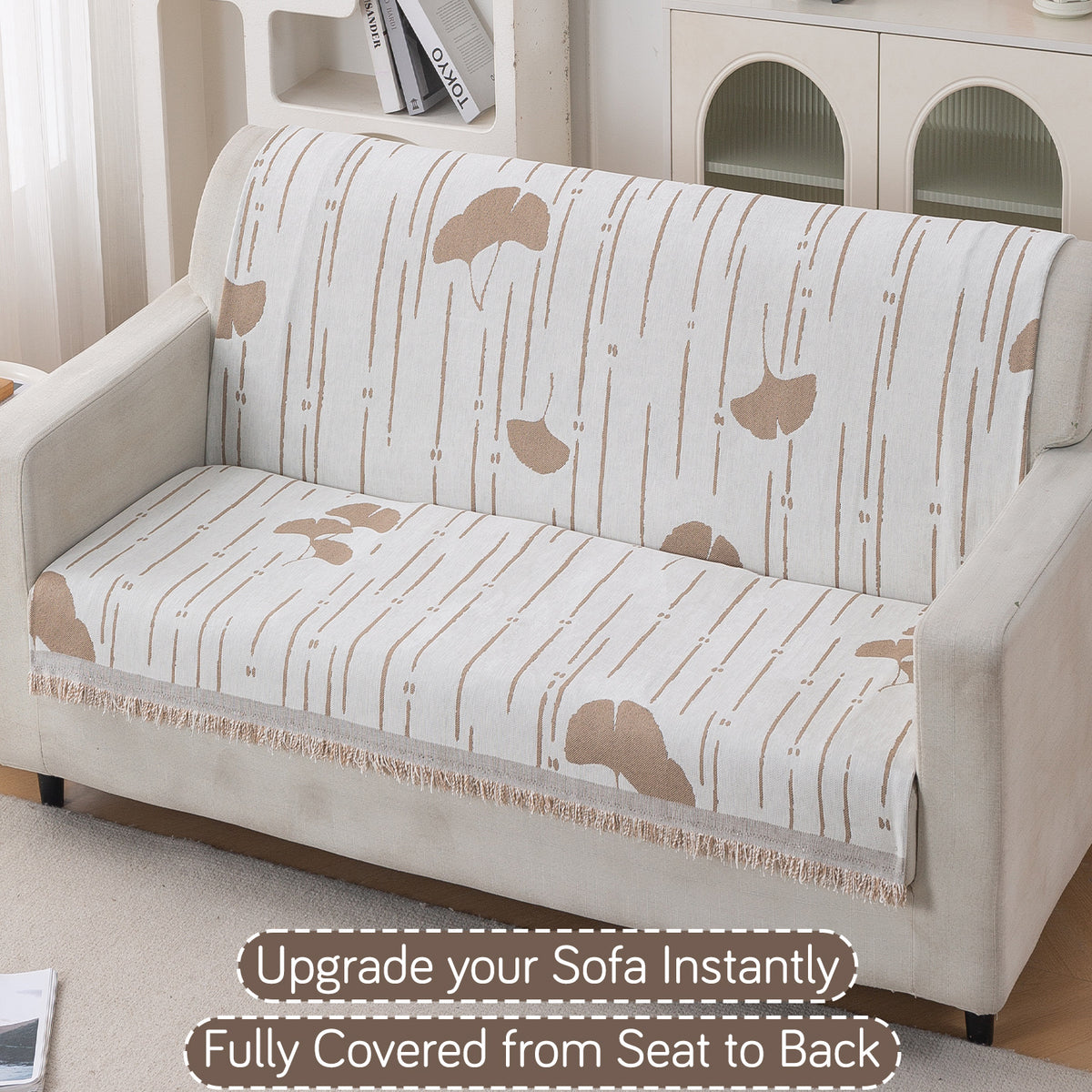 Premium 320 GSM Chenille Sofa Cover 'Serene Abode Series', Beige Ginkgo Lines