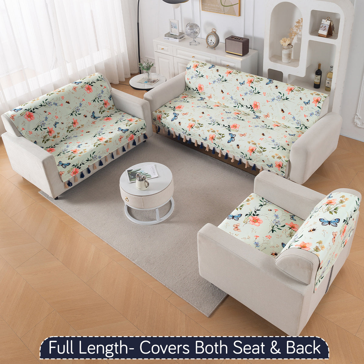 'Whispers of Nature' Series Holland Velvet Sofa Cover with Tassel, Pastel Butterfly Meadow
