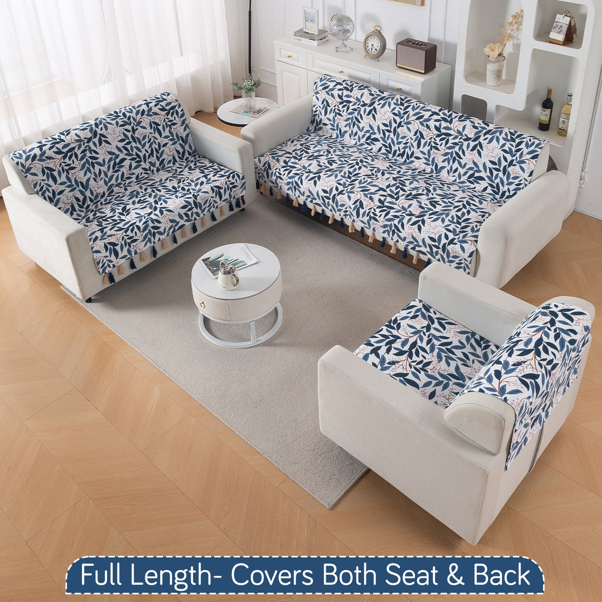 'Whispers of Nature' Series Holland Velvet Sofa Cover with Tassel, Indigo Foliage